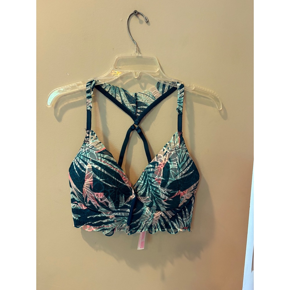Victoria's Secret PINK Date Bralette Teal Pink Tropical Floral Lace Large L/G